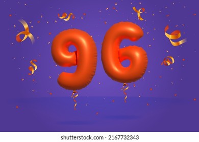 3d number 96 Sale off discount promotion made of realistic confetti Foil 3d Orange helium balloon vector. Illustration for selling poster, banner ads, shopping bag, gift box, birthday, anniversary