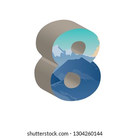 3D number eight with mountains background. Vector illustration.