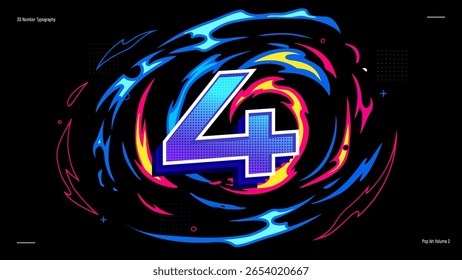 3D Number Four Typography with Neon Halftone Gradient - Vibrant Pop Art Vector for Posters, Kids Learning and Creative Projects