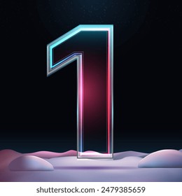 3D number with neon light insight.  Glass symbol with sparkles and winter background. Futuristic holiday decoration. Element for design poster, advertisign or game