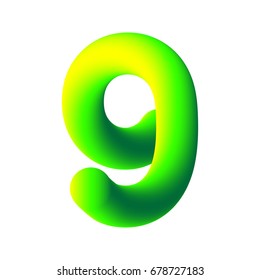 3d number nine, 9. 3d font. Three-dimensional numeral alphabet letter. EPS10 vector illustration. Neon yellow-green font.