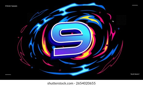 Tipografía atrevida del número nueve 3D - estilo de arte Pop de neón con remolinos fluidos Abstractas sobre fondo negro