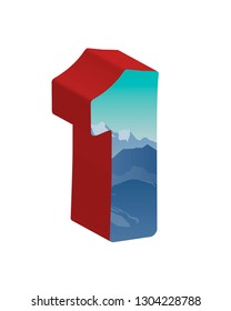 3D number one with mountains background. Vector illustration.