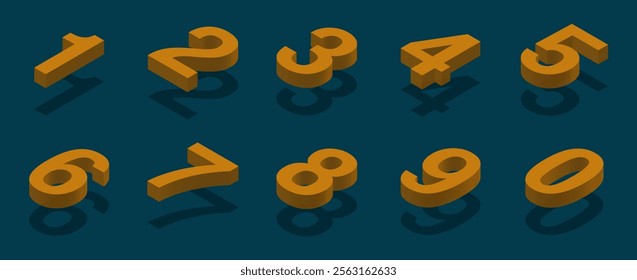 3D Number Set. Isometric golden numeric characters with shadows on a dark teal background. Modern isometric design for numbers 0 to 9.