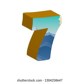 3D number seven with mountains background. Vector illustration.
