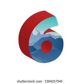 3D number six with mountains background. Vector illustration.