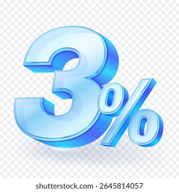3d Number “3%” symbol with glass glowing. Represents a three percent value, isolated on a transparent background. Ideal for promotions, discounts, sales, finance and advertising designs. Vector file.