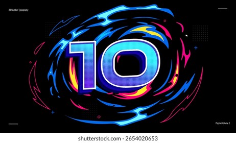 3D Number Ten Typography with Neon Halftone Gradient - Vibrant Pop Art Vector for Posters, Kids Learning and Creative Projects
