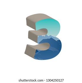 3D number three with mountains background. Vector illustration.