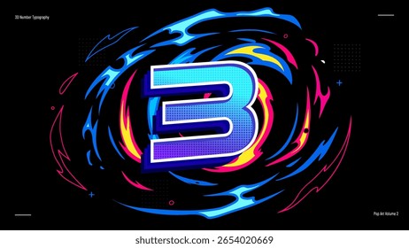 Negrito 3D Número Três Tipografia - Estilo Neon Pop Art com redemoinhos de fluido abstrato no fundo preto