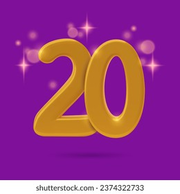 3D number twenty. Gold 20th anniversary on purple background with festive sparkling stars light effect. Realistic three dimensional vector illustration.