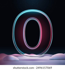 3D number zero with neon light insight.  Glass symbol with sparkles and winter background. Futuristic holiday decoration. Element for design poster, advertisign or game