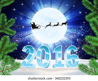 3d numbers 2016 christmas background. Reindeer and Santa Claus on moon background. Vector silhouettes for cards, advertising banners, illustrations. The image of the new year holiday.