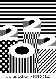 3d numbers 2022 with black and white striped pattern. Trending minimalistic abstract typography. Modern aesthetics of Swiss design 2022 calendar cover. Op art illusion. Vector illustration.