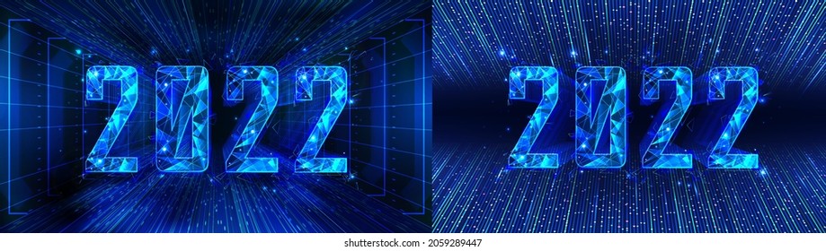 Números 3D 2022 con efecto poligonal en el ciberespacio futurista azul. Feliz Año Nuevo. Fondo de banner de tecnología moderna con números de 2022. Año Nuevo al estilo de alta tecnología. Cartel futurista. Vector