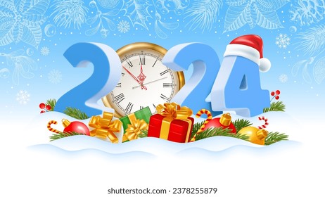 3d numbers 2024, gold clock, gifts, fir branches, Christmas tree toys in the snow. Santa hat on the number 4. Decor of winter plants on background. New Year celebration design. Vector illustration