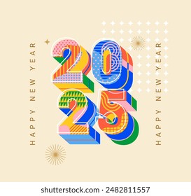 3d numbers 2025 for New Year banner, poster in bauhaus geometric pattern style inside,art design.Template for greeting card,invitation,poster, flyer,web.Vector illustration for calendar and cover.