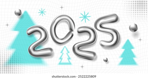 3d numbers 2025 new year liquid metallic chrome, blurred fir tree and snowflake.Horizontal banner.Retro aesthetics y2k.Vector illustration.