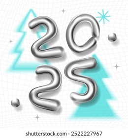 3d numbers 2025 new year liquid metallic chrome, blurred fir tree and snowflake.Square banner.Retro aesthetics y2k.Vector illustration.