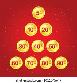 3D Numbers Discount percent set for sale, Promotion for shopping. Gold frame on red gradient background.