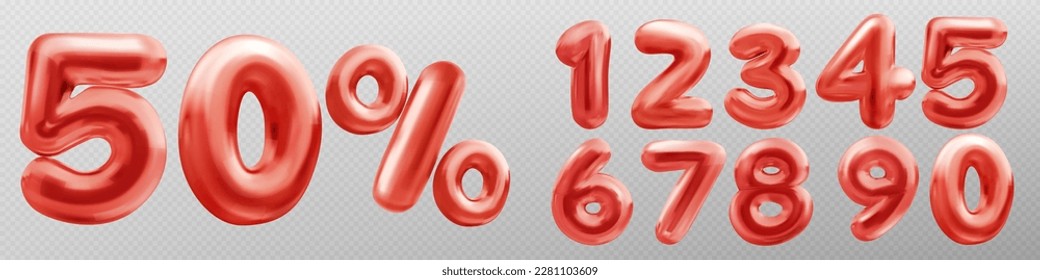 3d numbers font with percent sign for discount, special sale banner. Glossy balloons of red digits isolated on transparent background, vector realistic illustration