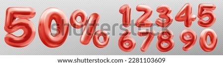 3d numbers font with percent sign for discount, special sale banner. Glossy balloons of red digits isolated on transparent background, vector realistic illustration