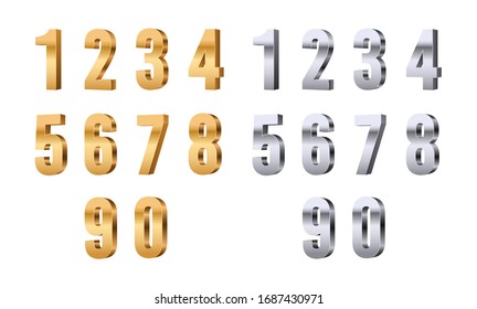 3d números. Dígitos de plata de oro, elementos elegantes de letra de belleza. Cifras de basura para precio o venta, aniversario o descuento. Conjunto vectorial brillante