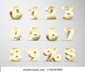 3d numbers golden luxury volumetric design. Digits from zero to nine, percent, dollar sign premium, deluxe realistic set for web, print advertising. Discount, sale numerals vector isolated collection.