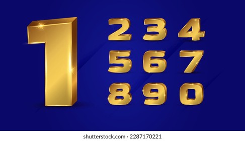 Números 3D y letras en efecto Golden con brillo en fondo azul, cartel de etiqueta, pegatina, vector, ilustración