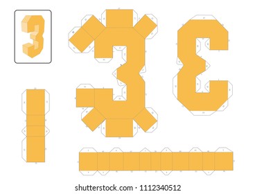 3d numbers paper craft model template, cut out and glue with guide for creative children school. Vector editable.