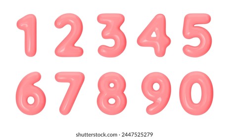 3D numbers plastic pink from 0 to 9. Vector illustration