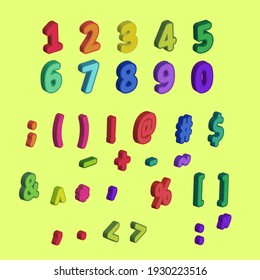 3D numbers, punctuation marks and symbols. Chubby colored numbers in a childish style.