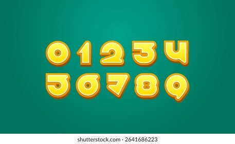 3D numbers set in the cartoon style, yellow numerals 0 to 9 made in kids art style, vector illustration 10EPS