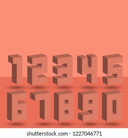 3D Numbers set of living coral halftone isometric style font numerals signs with shadows. Maths symbols light red modern figures for design card, poster, date