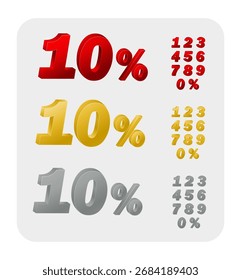 Números 3D fijados con la marca del porcentaje rojo, oro, plata conveniente para el partido, día de fiesta, venta, promoción, aniversario, cumpleaños, gran apertura, premio, insignia, icono, etiqueta engomada, etiqueta, símbolo Vector aislado