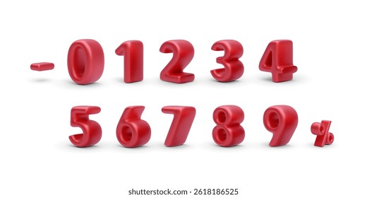 3D Numbers and Symbols in Glossy Red with Soft Shadows on White Background. Realistic Rendered Digits for Design and Marketing Projects. Vector Illustration.