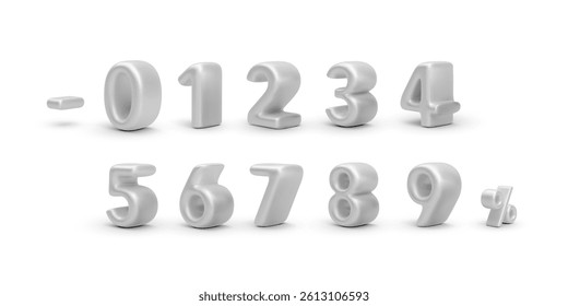 3D Numbers and Symbols in Glossy Silver with Soft Shadows on White Background. Realistic Rendered Digits for Design and Marketing Projects. Vector Illustration.