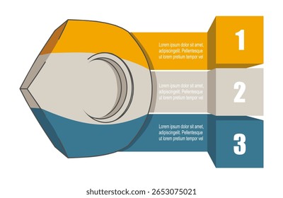 Modelo de porca 3D com três recursos ou opção de projeto para selecionar. Ilustração infográfica mínima para visualização de informações de negócios.