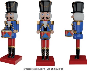 3d nutcracker with drume. isolated christmas nutcracker front and side view