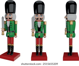 3d nutcracker with sword. isolated christmas nutcracker front and side view