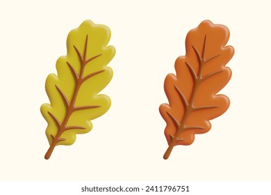 hojas de roble 3D, vista frontal. Material natural decorativo de otoño. Elementos de color para el diseño de promociones de temporada, saludos, anuncios. Diseño web moderno