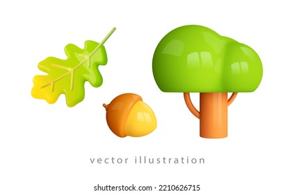 3d Oak Tree, Acorn, Oak Leaf Icon Isolated On White Background. Nature Design Elements. Cartoon Plant Shape. Vector Illustration