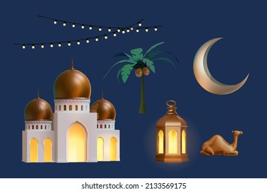 3d object collection for Islamic holiday decoration. Cultural elements isolated on dark blue background.