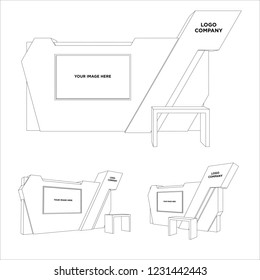3d object sketch outline coloring with backdrop and led screen for exhibition. Vector editable.