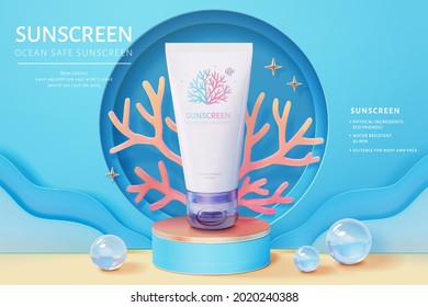 3d ocean friendly sunscreen ad template in underwater theme. Tube mock up on round podium with coral reef and crystal balls.