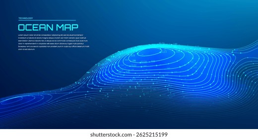Mapa oceânico 3d com linhas de contorno detalhadas de profundidade e dados de elevação digital sobre fundo azul escuro para análise topográfica subaquática