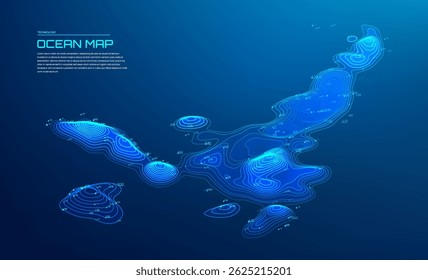 Mapa oceânico 3d com linhas de contorno digitais brilhantes e leituras de profundidade em fundo gradiente azul escuro para visualização de dados marinhos