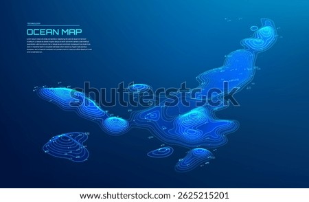 3d ocean map with glowing digital contour lines and depth readings on dark blue gradient background for marine data visualization