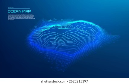 Mapa oceânico 3d náutico com linhas de contorno brilhantes 3D e níveis de profundidade batimétricos em um fundo gradiente azul escuro para mapeamento e análise marinhos