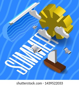 3d ocean view with a sun and a ship - Vector